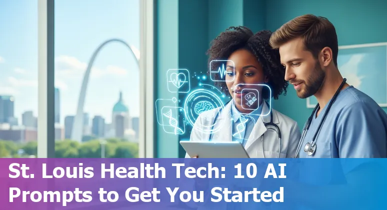 Medical professionals in St. Louis reviewing AI-driven diagnostic images on a laptop, with St. Louis skyline in background.