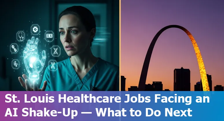 Healthcare worker in St. Louis reviewing AI-assisted medical records on a tablet with city skyline visible.
