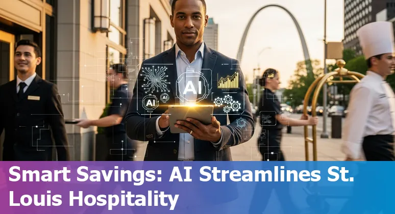 St Louis, Missouri hotel lobby with AI-powered kiosk and staff using tablets, illustrating AI boosting efficiency in Missouri.
