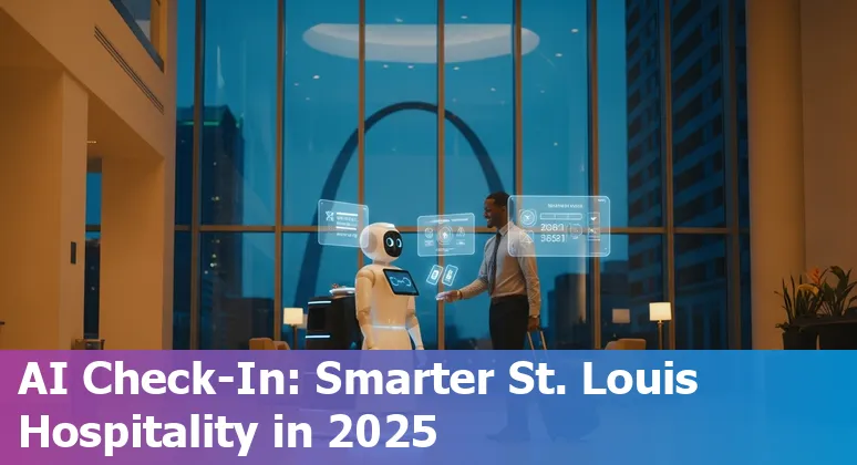 Hotel staff using AI tools on tablets with a St. Louis skyline backdrop — AI in St. Louis hospitality 2025