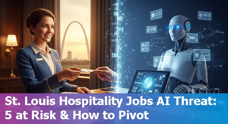 St. Louis hospitality workers at a hotel front desk, restaurant host stand, and Gateway Arch tour group with AI icons overlay