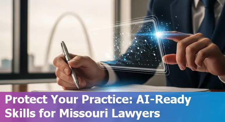 Lawyer using AI tools in St Louis, Missouri courtroom skyline background