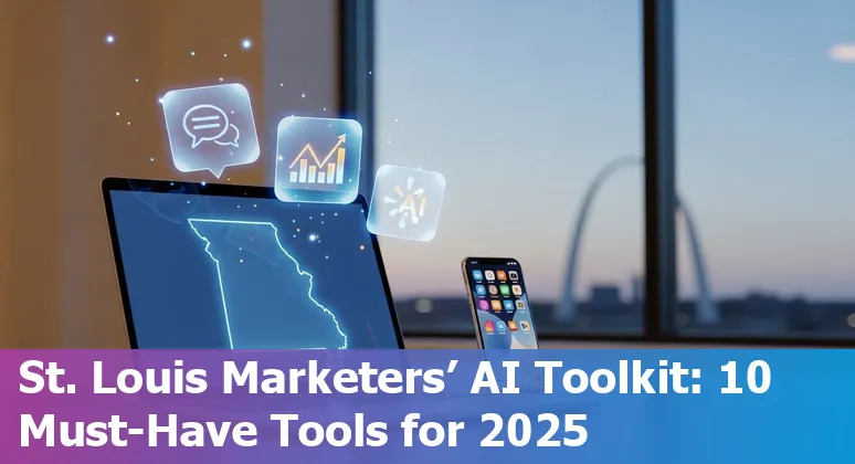 St. Louis skyline overlaid with AI and marketing icons representing top AI marketing tools for 2025.