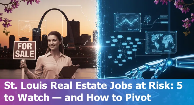 St. Louis real estate agent with laptop showing AI tools overlay; skyline in background
