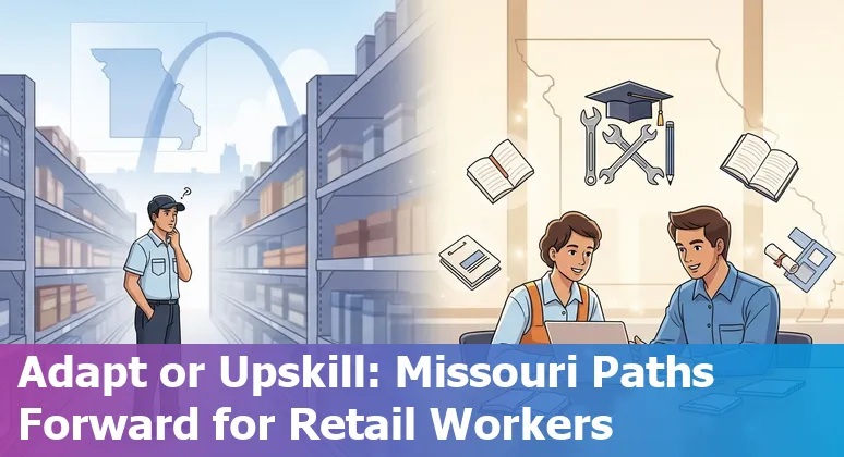 Retail worker using AI-driven checkout system with St. Louis skyline in background