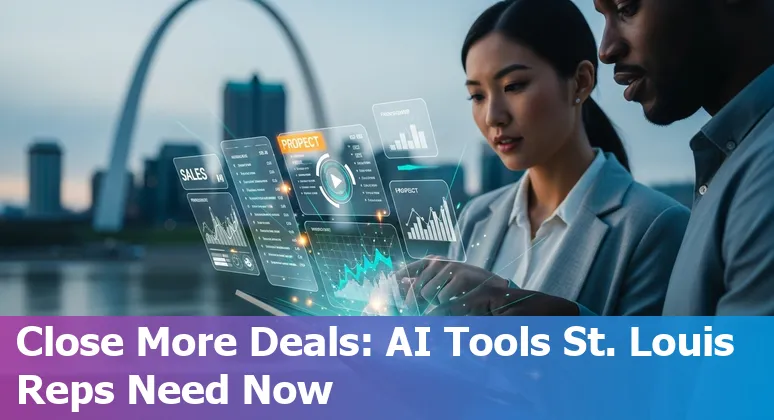 Sales professional using AI sales tools dashboard on a laptop with St. Louis skyline faintly visible
