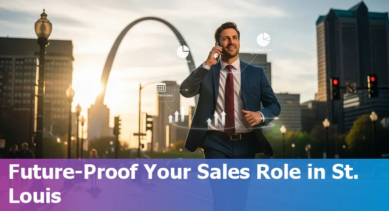 Sales team using AI tools on laptops in St Louis, Missouri skyline background — how AI affects sales jobs in St Louis, Missouri 2025