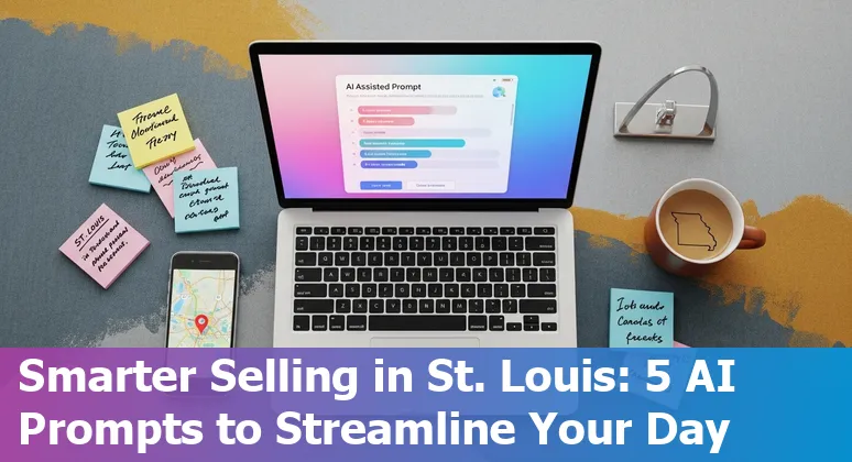 St. Louis salesperson using AI prompts on a laptop with Gateway Arch in the background.