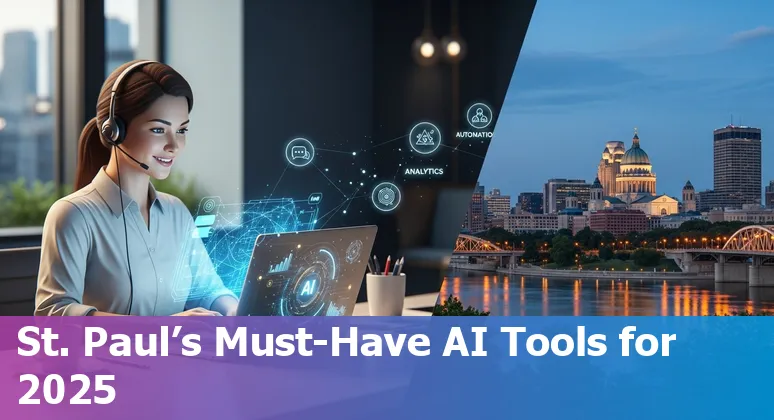 Collage of AI customer service tools icons and St. Paul skyline with text 'Top 10 AI Tools for Customer Service in St. Paul, 2025'