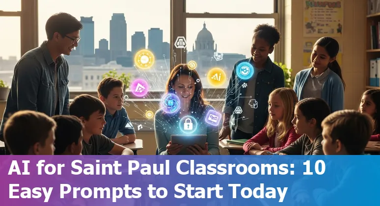 Teacher using AI tools on laptop in a Saint Paul classroom with students, showing icons for Gemini, Khanmigo, Panorama Solara.