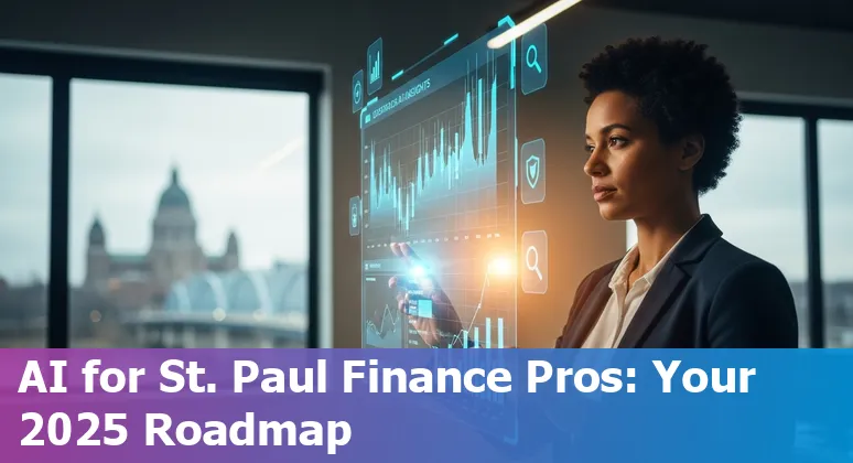 Finance professional using AI tools in an office with St Paul, Minnesota skyline visible — 2025 AI in finance guide