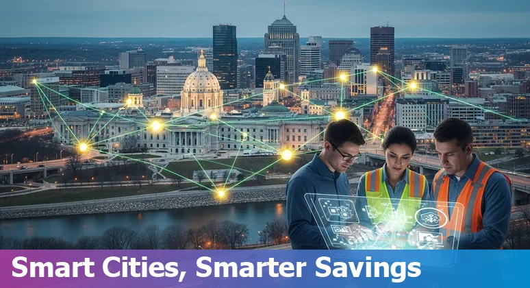 City workers and AI dashboard showing cost savings for St. Paul, Minnesota municipal services