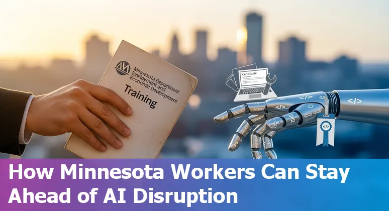 St. Paul city hall with icons for AI automation, reskilling, and government services.