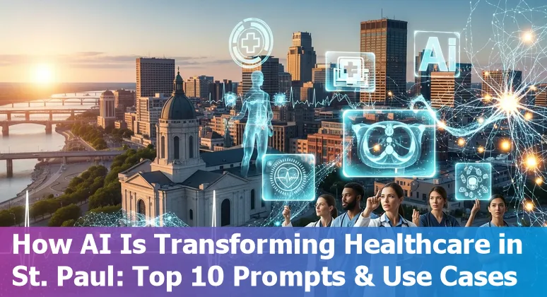 Healthcare professionals using AI tools like Dax Copilot and Moxi robot in a St. Paul clinic setting.