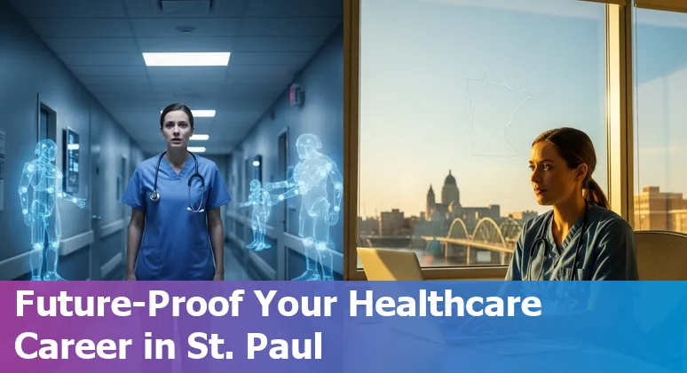 Healthcare worker using AI tools on a tablet in a St Paul clinic, with the State Capitol visible in background.