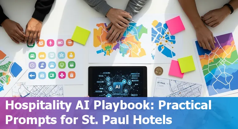 Hotel concierge using AI chatbot on a tablet with St. Paul skyline in background