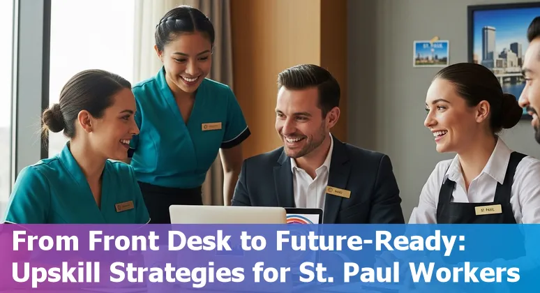 Hotel front desk with self‑service kiosk and a human receptionist discussing AI adaptation in St Paul.