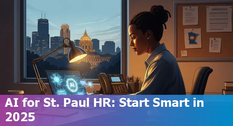 HR professional using AI tools on a laptop in St. Paul, Minnesota office, 2025