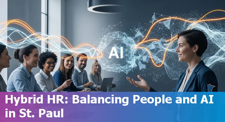 HR professional using AI tools in an office with St Paul, Minnesota skyline visible, illustrating AI and HR jobs in St Paul, MN in 2025