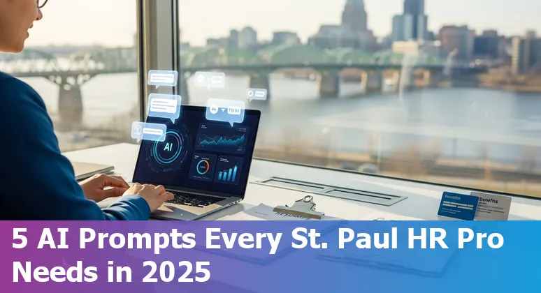 HR professional in St. Paul using AI prompts on a laptop with Minnesota skyline image