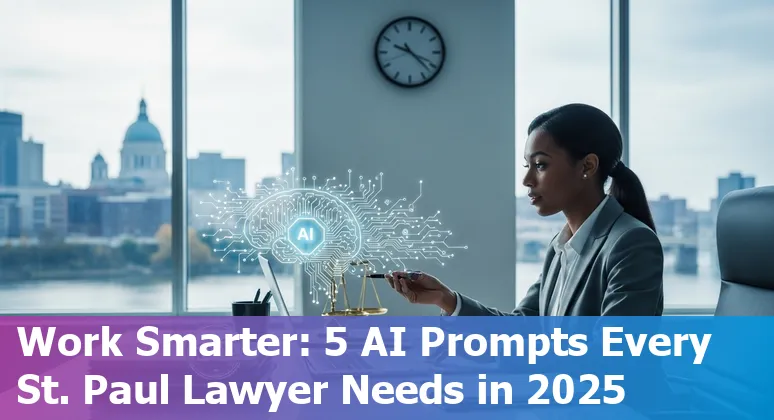 A St. Paul attorney using AI on a laptop with Minnesota legal books and a checklist of five AI prompts visible on screen.