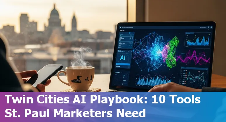 Collage of AI tool logos with St Paul skyline and marketing icons
