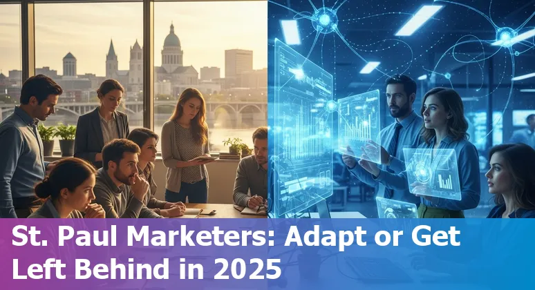 Marketing team using AI tools in St Paul, Minnesota skyline background — 2025 guidance for marketers in St Paul, MN