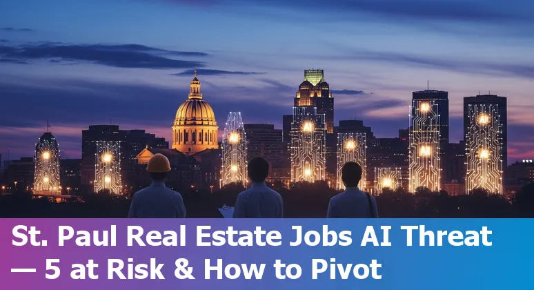 St Paul skyline with real estate icons and AI circuit overlay representing real estate jobs at risk and adaptation strategies
