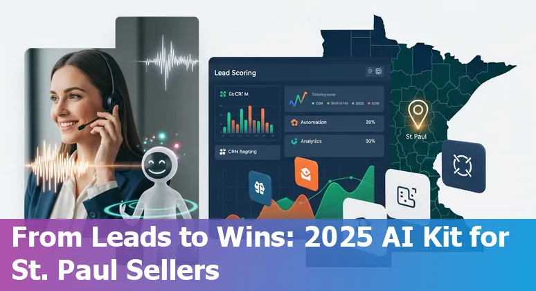 Sales professional using AI sales tools dashboard with St Paul skyline in the background