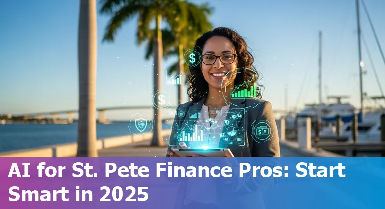 Finance professional using AI tools in St Petersburg, Florida office with SPC campus and data dashboards in background