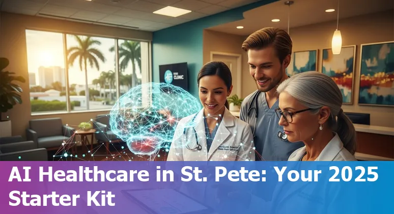 Healthcare AI illustration showing St Petersburg, Florida hospital, clinicians and AI icons - 2025