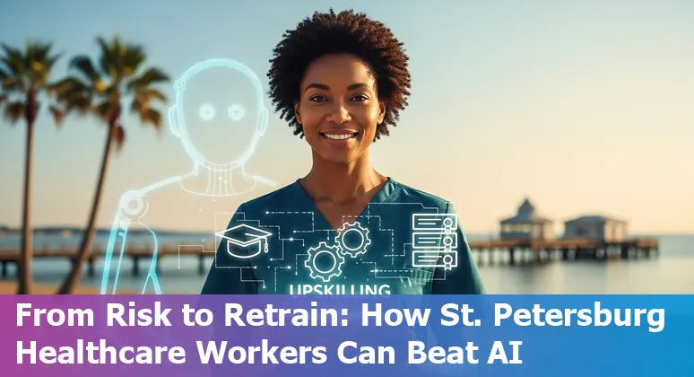 Healthcare worker using AI tools with St. Petersburg skyline in background