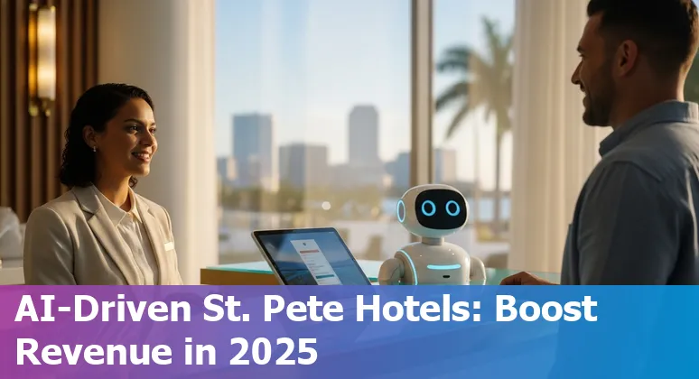 Hotel staff using AI tools on a tablet in a St Petersburg, Florida hotel lobby
