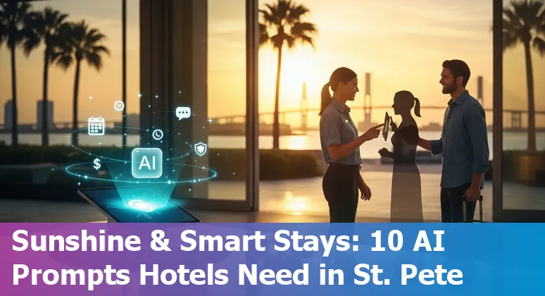 Hotel front desk using AI-driven reservation assistant on a tablet with St. Petersburg beach in background.