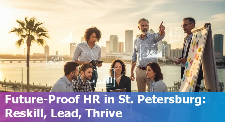 HR team reviewing AI tools in an office with a St. Petersburg, Florida skyline visible; image shows AI-assisted HR workflow in St. Petersburg, FL.