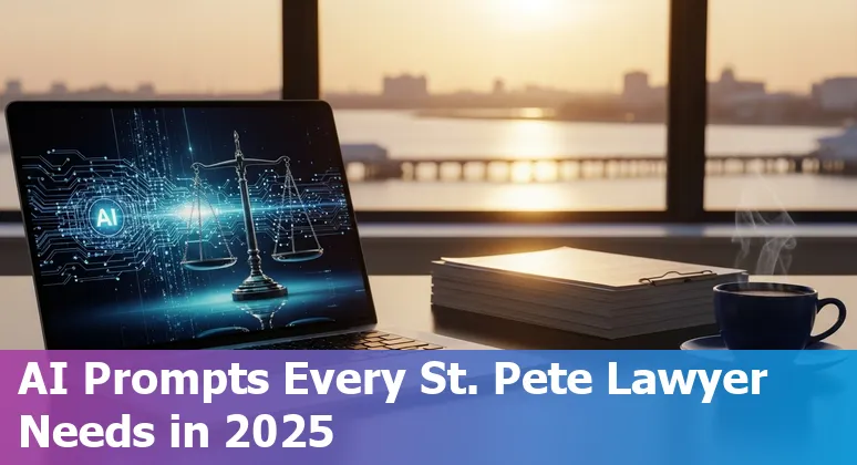 Legal professional using AI prompts on laptop with St Petersburg skyline background