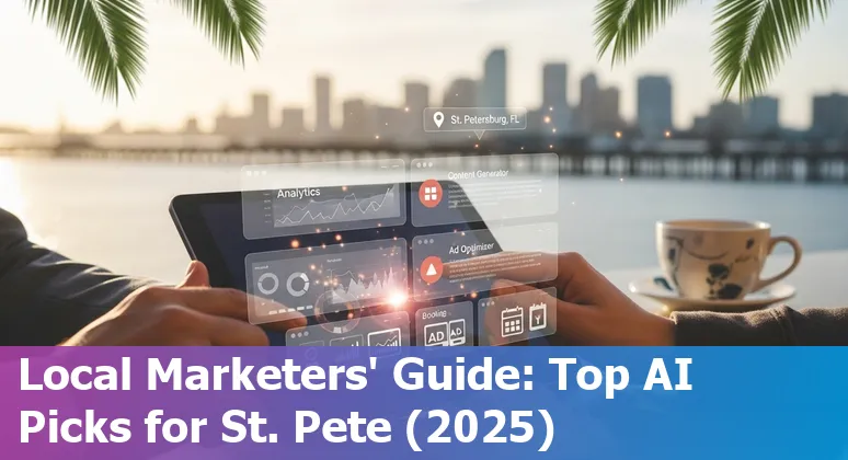 Marketing professional using AI tools on a laptop with St Petersburg, Florida skyline in the background