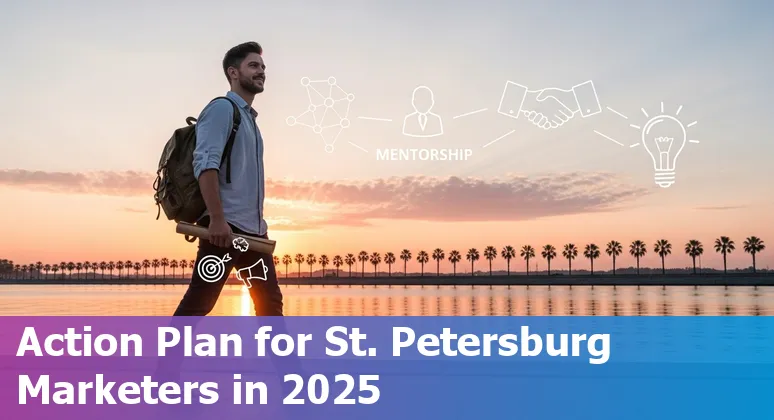 Marketer using AI tools on a laptop with St. Petersburg, Florida skyline in background