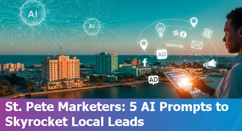 St. Petersburg marketer using AI prompts on laptop with local skyline in background