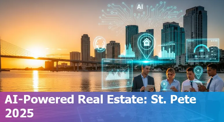AI-driven real estate tools overlaid on St. Petersburg, Florida skyline map showing AVMs, chatbots, and smart contracts
