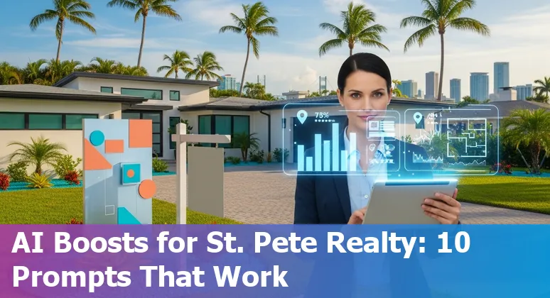 Real estate agent using AI tools on a laptop with St. Petersburg skyline and palm trees in the background.