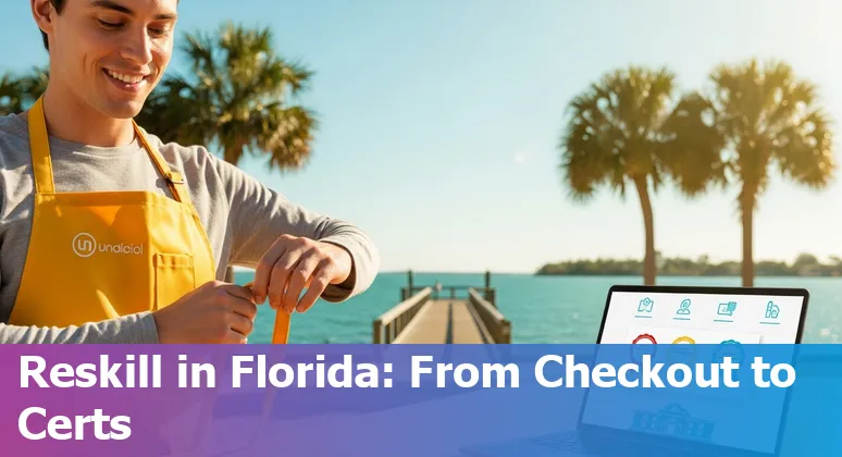 Retail checkout with self-checkout kiosks and a worker learning a handheld inventory device in St. Petersburg, Florida.