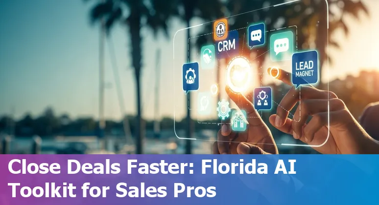 Collage of AI sales tools logos (Salesforce, Gong, HubSpot, Clari, Fireflies) over a St Petersburg, Florida cityscape background