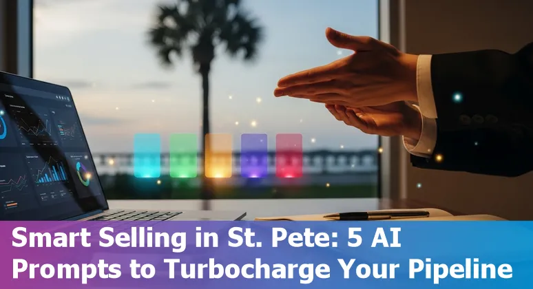 Sales professional using AI prompts on laptop with St Petersburg, Florida skyline in background