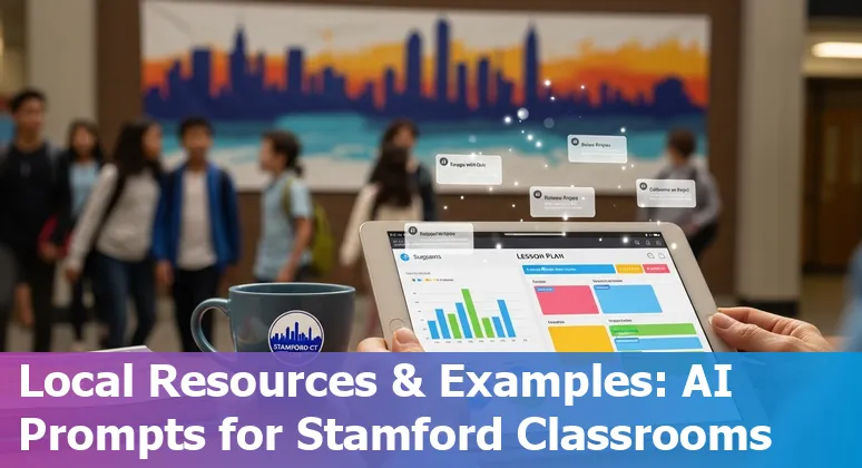 Teacher and students using AI tools in a Stamford classroom, overlay of top AI education use cases
