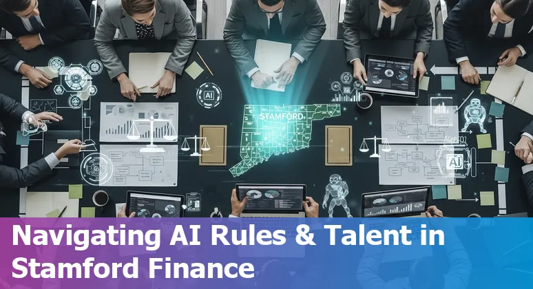 Stamford, Connecticut financial services AI concept: skyline with data overlays and AI icons