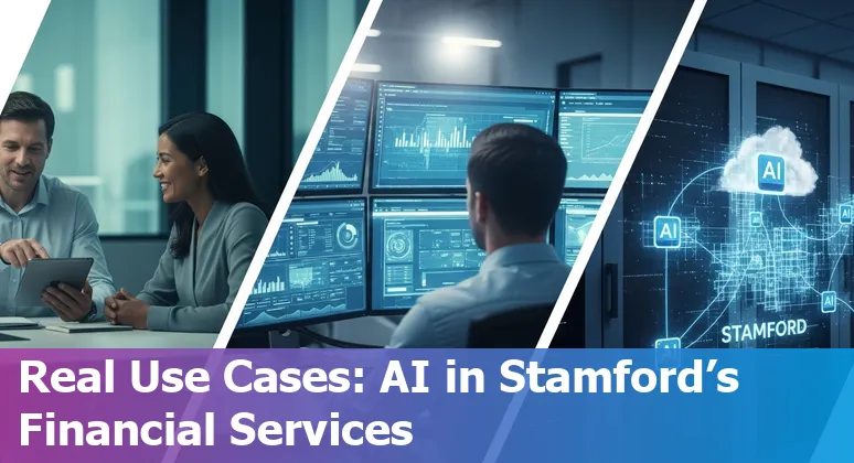 Stamford financial district skyline with AI and finance icons representing prompts and use cases