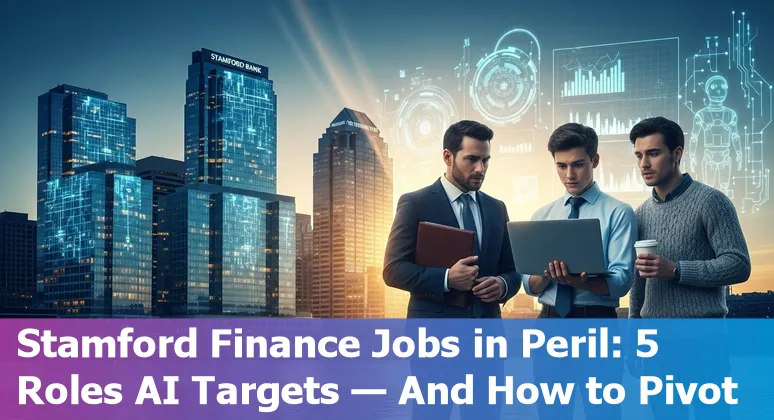 Stamford CT skyline with finance icons and AI/automation overlays representing at-risk financial services jobs and upskilling.