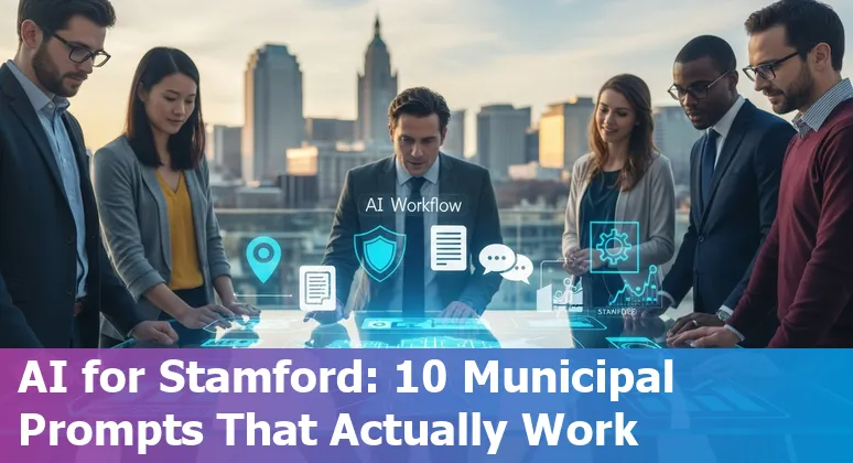 Stamford city officials using AI tools on laptops with icons for chatbots, maps, and documents