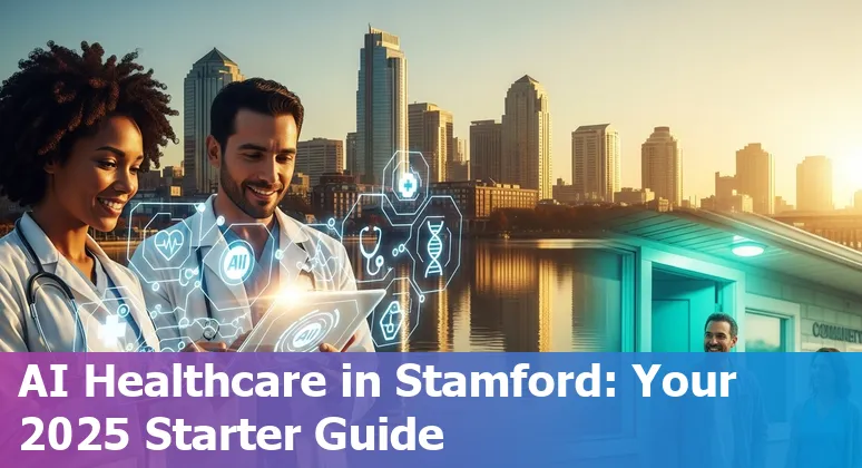 Healthcare AI in Stamford, Connecticut 2025: clinicians using AI tools with city skyline in background